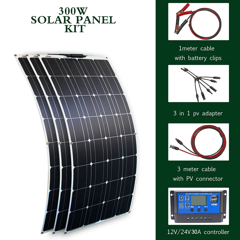 Flexible Solar Panel Kit – 100W/200W/300W 12V 24V Battery Charger