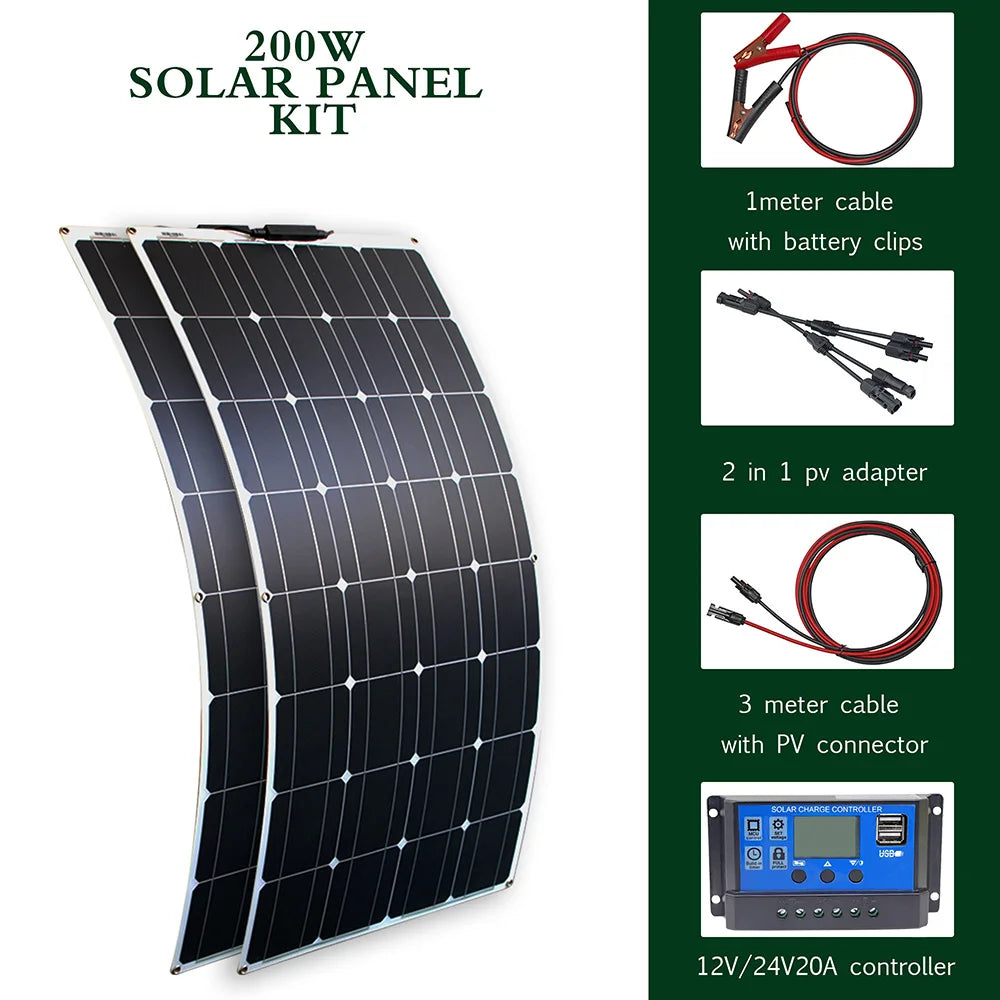 Flexible Solar Panel Kit – 100W/200W/300W 12V 24V Battery Charger