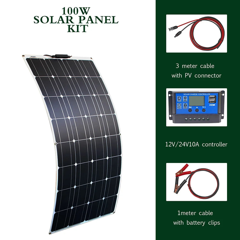 Flexible Solar Panel Kit – 100W/200W/300W 12V 24V Battery Charger