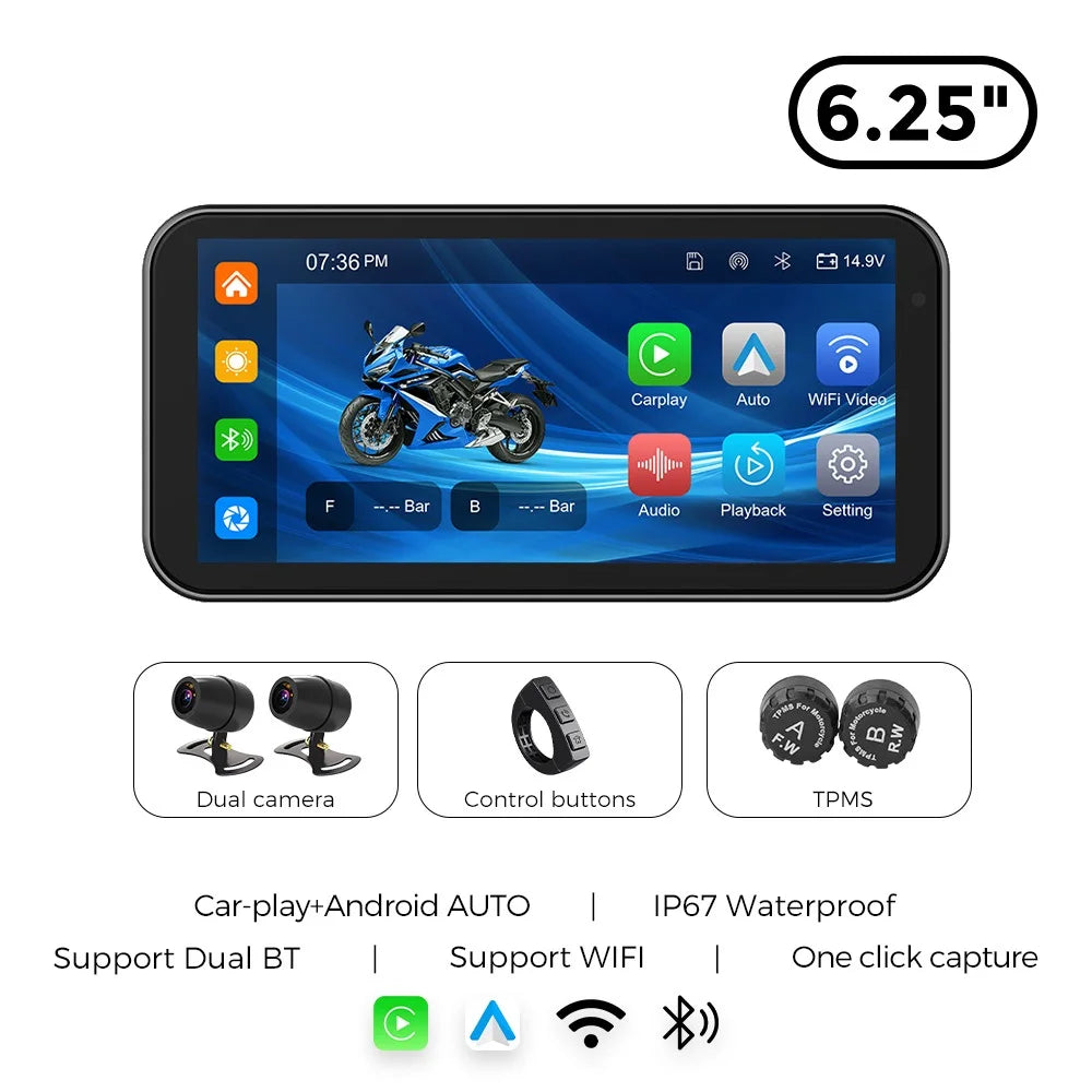 6.25" IP67 Waterproof Motorcycle GPS – Wireless CarPlay & Android Auto DVR