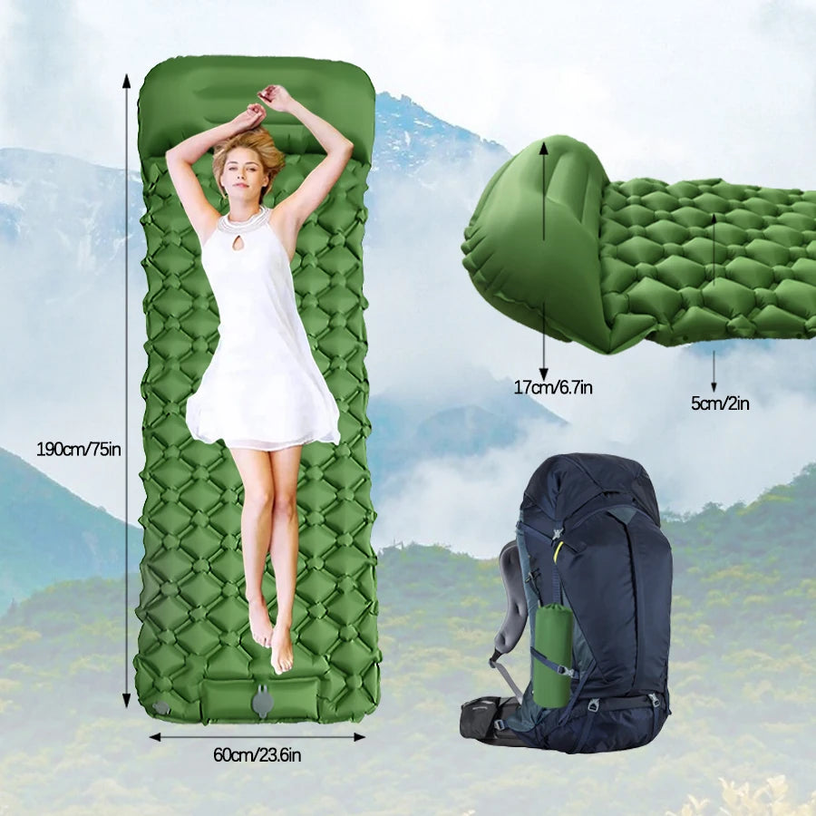 Inflatable Camping Mattress – Ultralight Sleeping Pad with Built-In Pillow