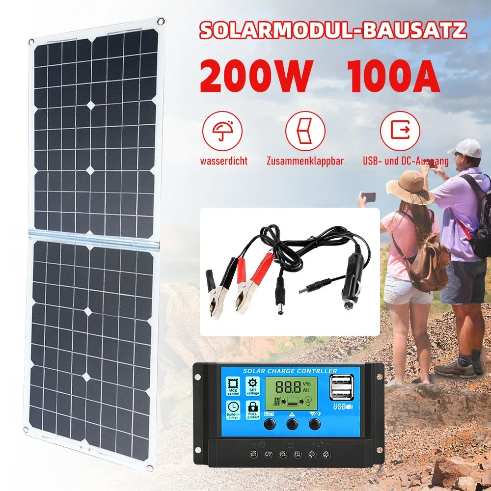 200W Foldable Solar Panel Kit – 12V USB Battery Charger with 100A Controller