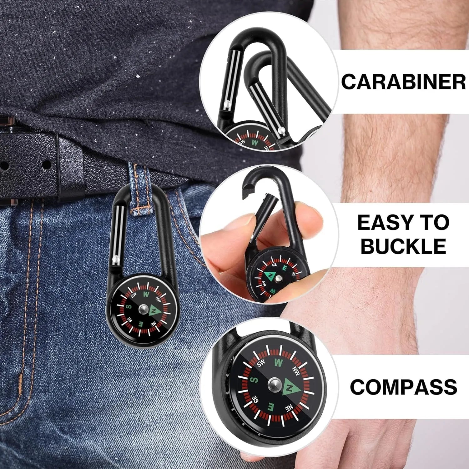 3-in-1 Compass Thermometer Carabiner – Outdoor Hiking Survival Tool