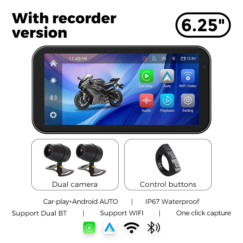 6.25" IP67 Waterproof Motorcycle GPS – Wireless CarPlay & Android Auto DVR