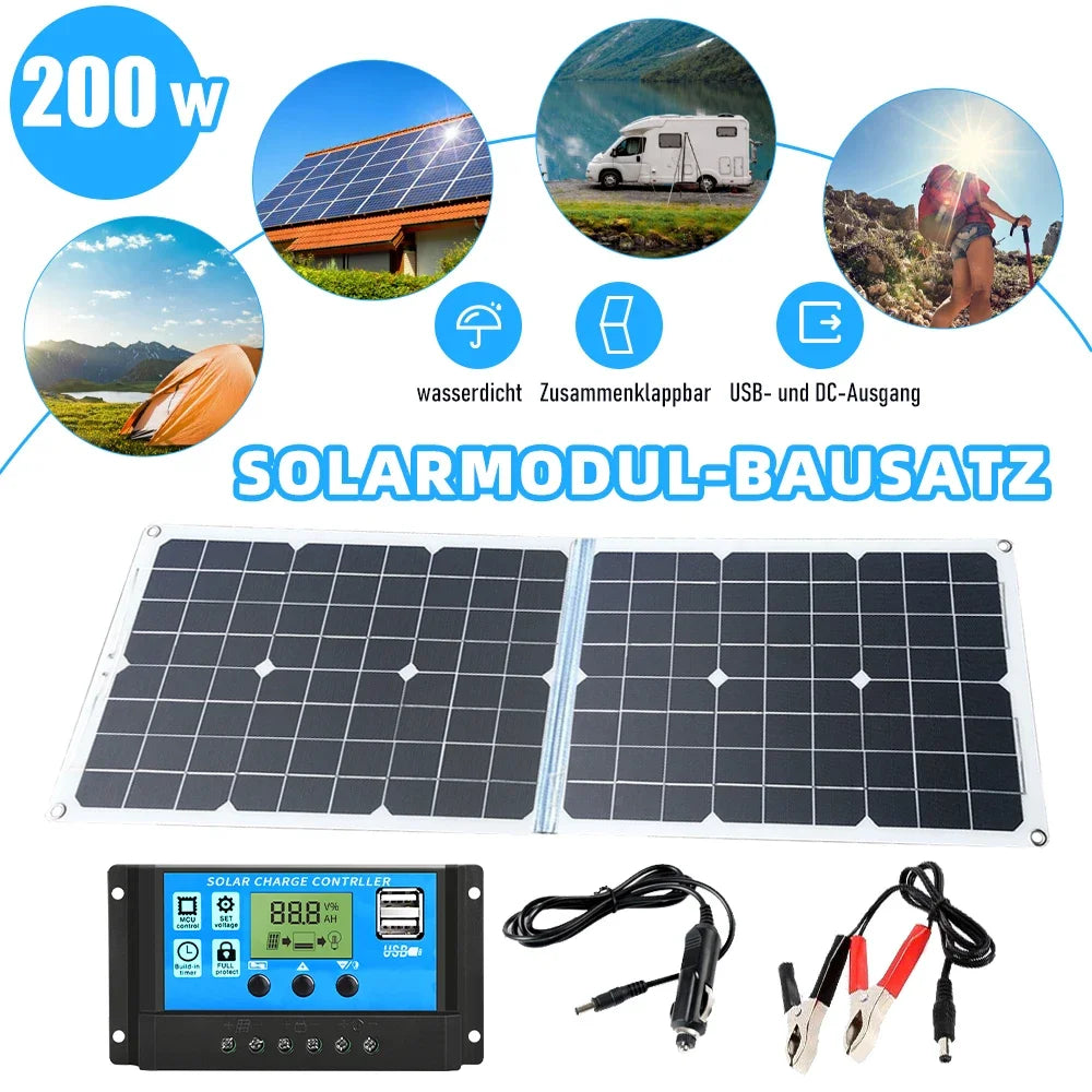 200W Foldable Solar Panel Kit – 12V USB Battery Charger with 100A Controller