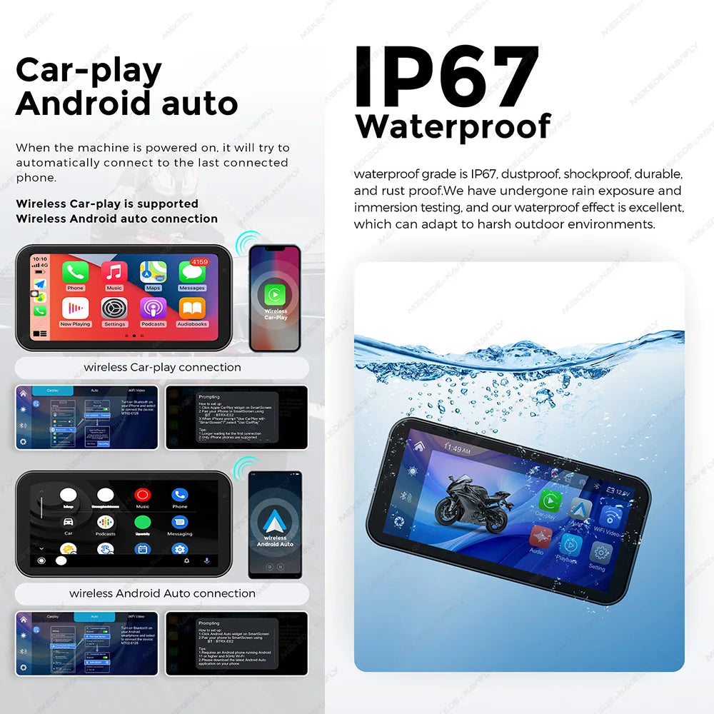 6.25" IP67 Waterproof Motorcycle GPS – Wireless CarPlay & Android Auto DVR