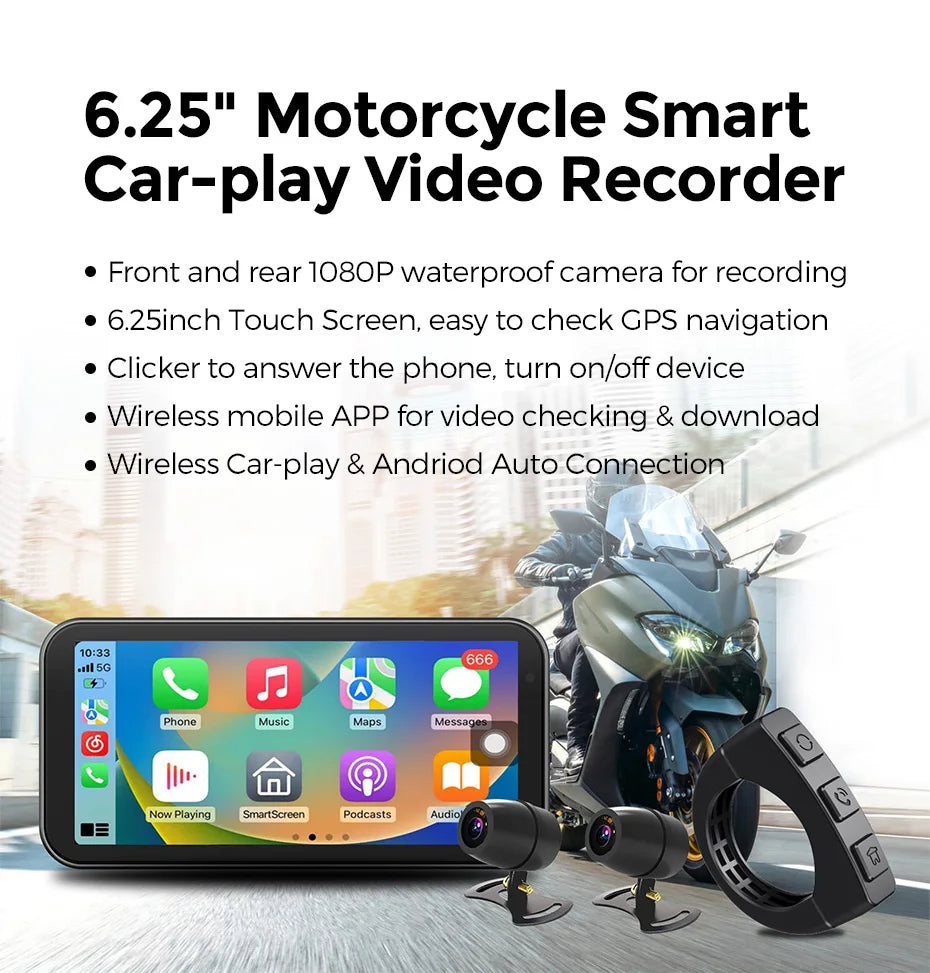 6.25" IP67 Waterproof Motorcycle GPS – Wireless CarPlay & Android Auto DVR