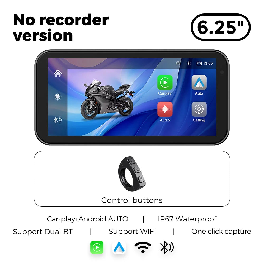 6.25" IP67 Waterproof Motorcycle GPS – Wireless CarPlay & Android Auto DVR