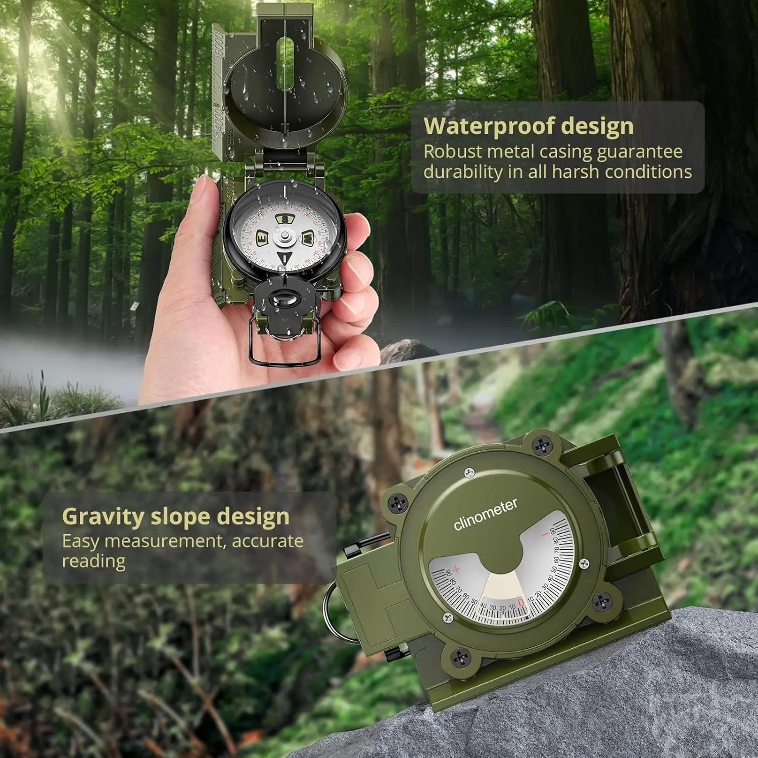 Military Lensatic Compass – Waterproof Hiking Compass with Clinometer
