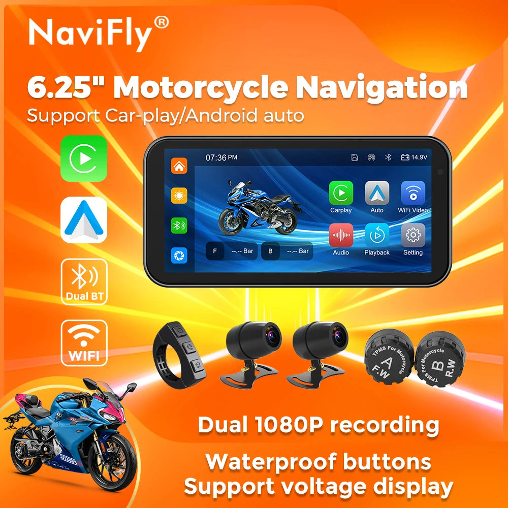 NaviFly 6.25" Wireless CarPlay & Android Auto – Motorcycle Navigation Display