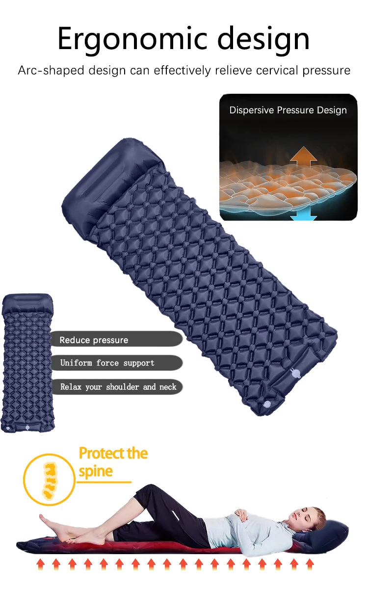 Inflatable Camping Mattress – Ultralight Sleeping Pad with Built-In Pillow