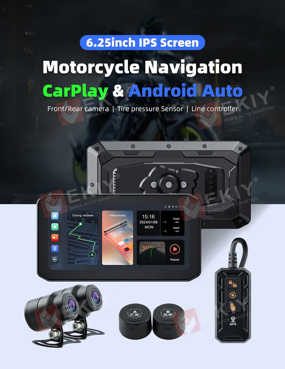 EKIY 6.25" Wireless CarPlay & Android Auto – Motorcycle GPS Dashboard