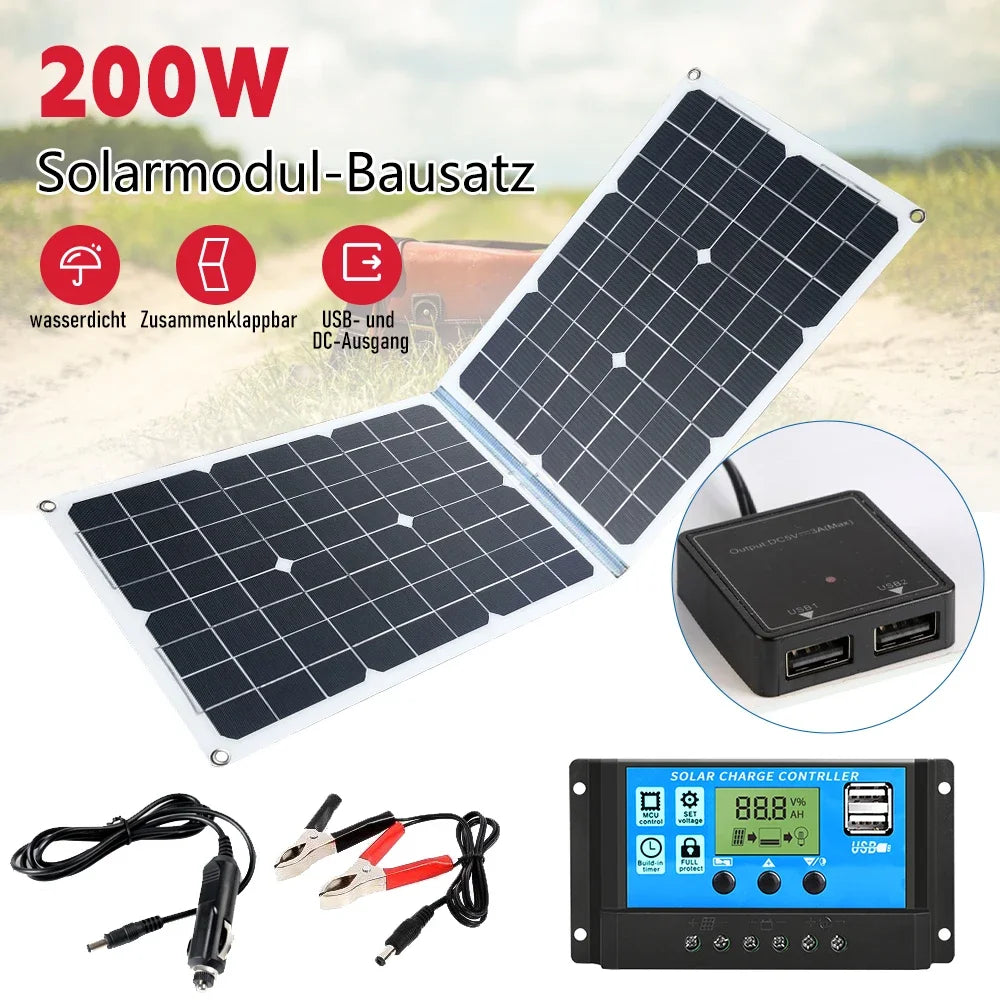 200W Foldable Solar Panel Kit – 12V USB Battery Charger with 100A Controller