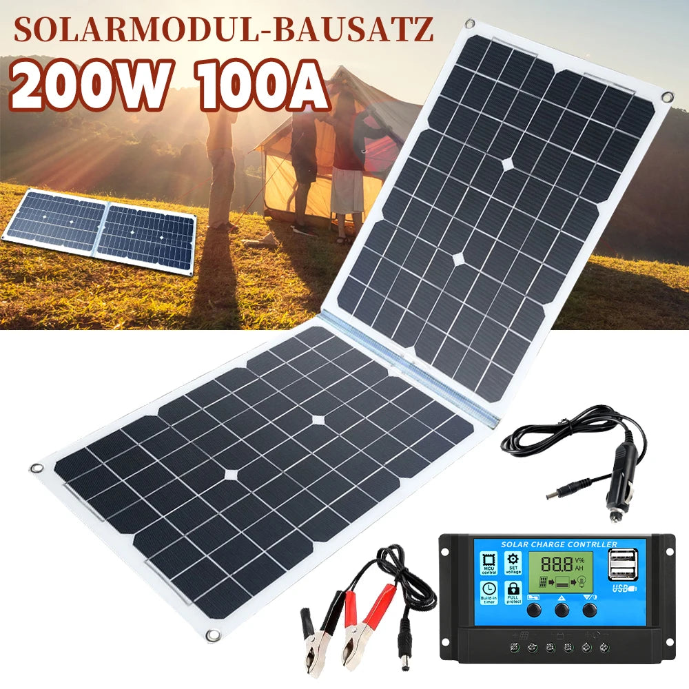 200W Foldable Solar Panel Kit – 12V USB Battery Charger with 100A Controller