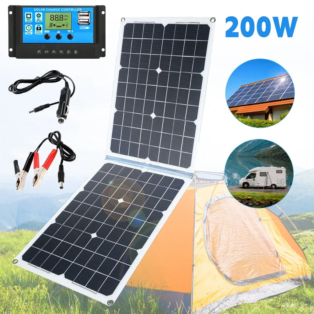 200W Foldable Solar Panel Kit – 12V USB Battery Charger with 100A Controller