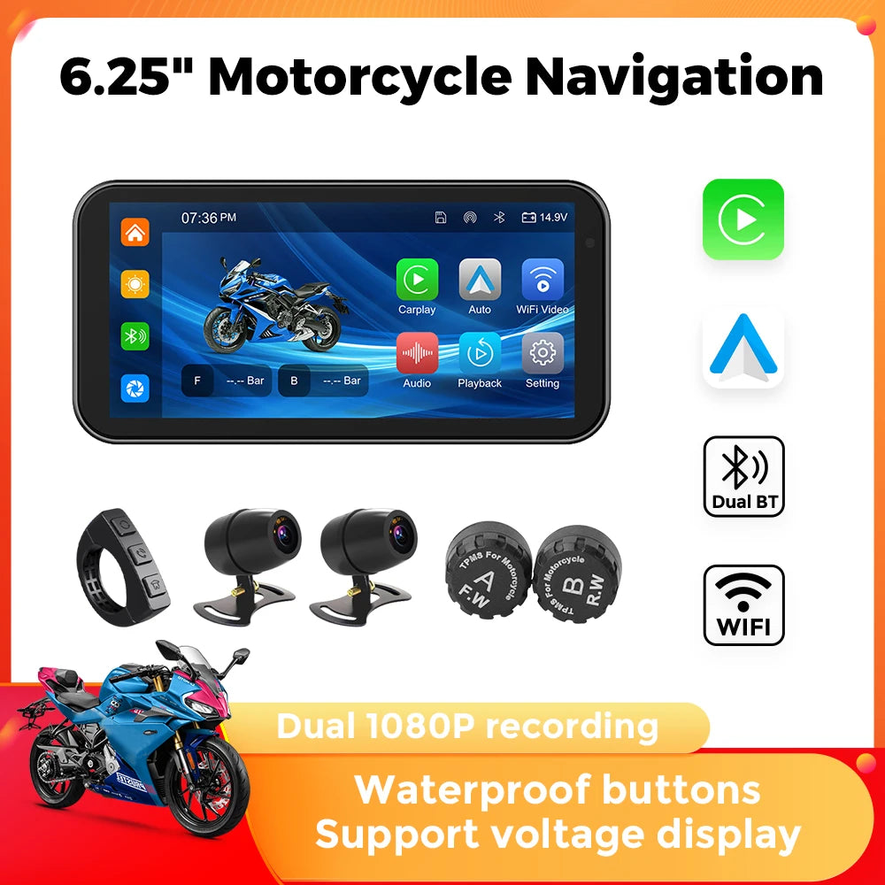 6.25" IP67 Waterproof Motorcycle GPS – Wireless CarPlay & Android Auto DVR