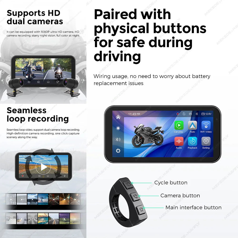 6.25" IP67 Waterproof Motorcycle GPS – Wireless CarPlay & Android Auto DVR