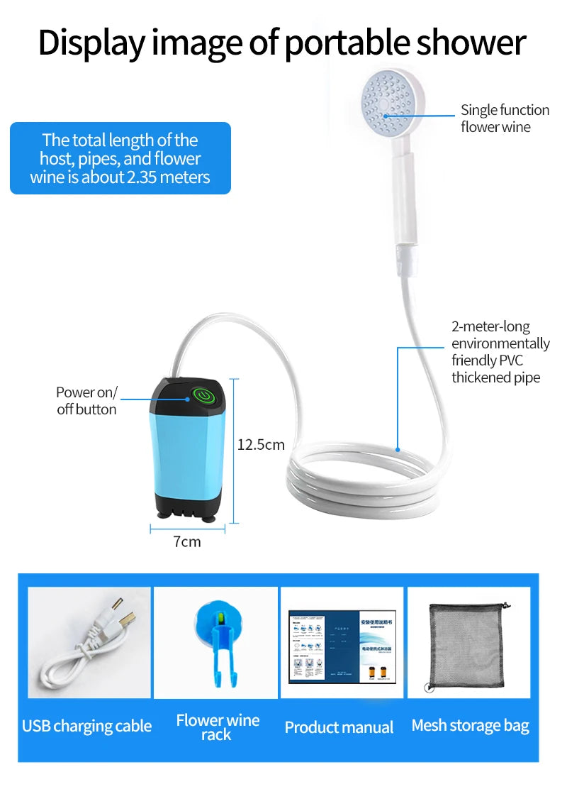 Portable USB Rechargeable Electric Shower Pump – Waterproof Camping Shower