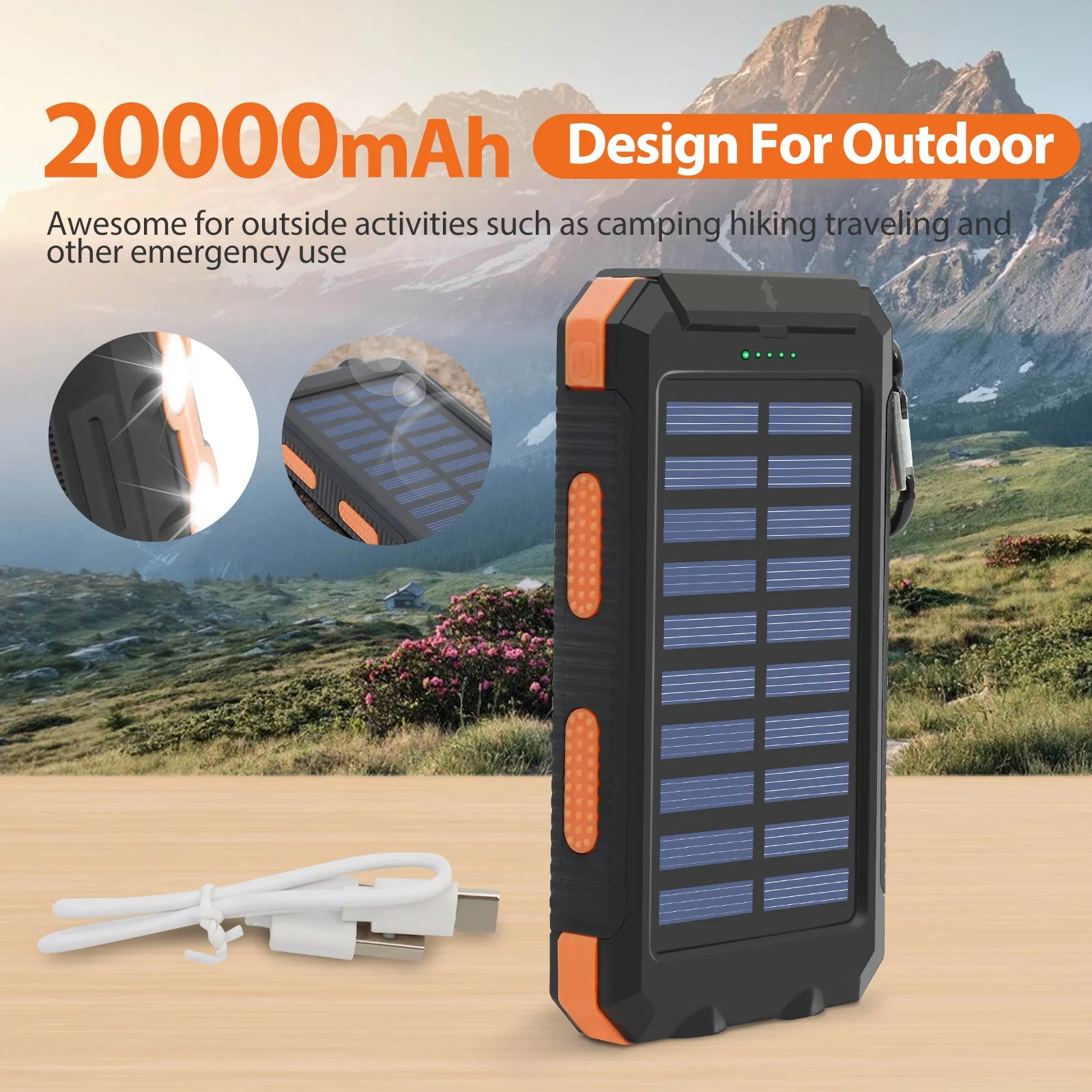 20000mAh Portable Solar Power Bank – Dual USB & LED Flashlight