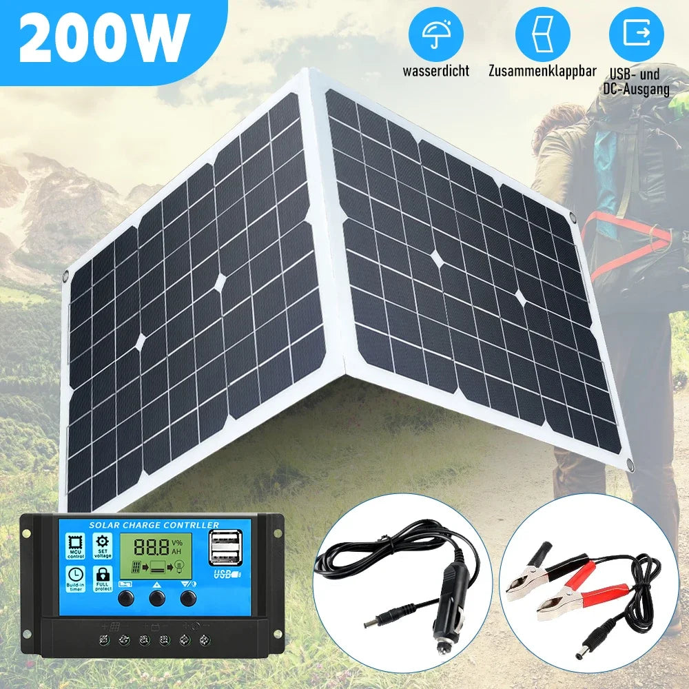 200W Foldable Solar Panel Kit – 12V USB Battery Charger with 100A Controller